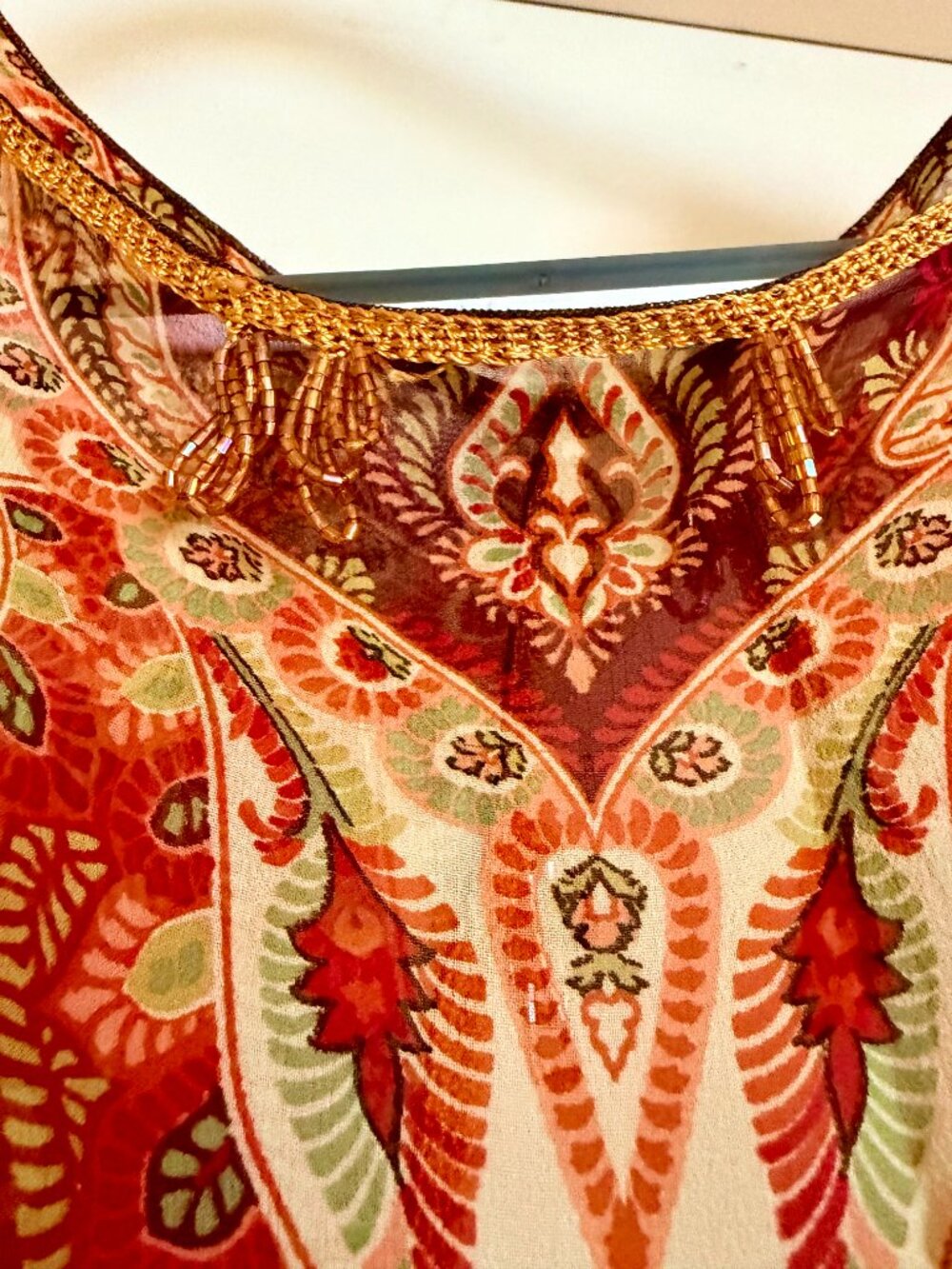 NWT Etro Sheer Silk Chiffon Paisley Kaftan Blouse Beaded Tassel Tie Size L - Picture 2 of 8